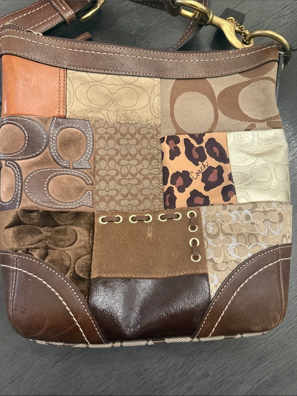 Coach Patchwork Signature Crossbody Bag Brown Animal Print Suede RARE F12840